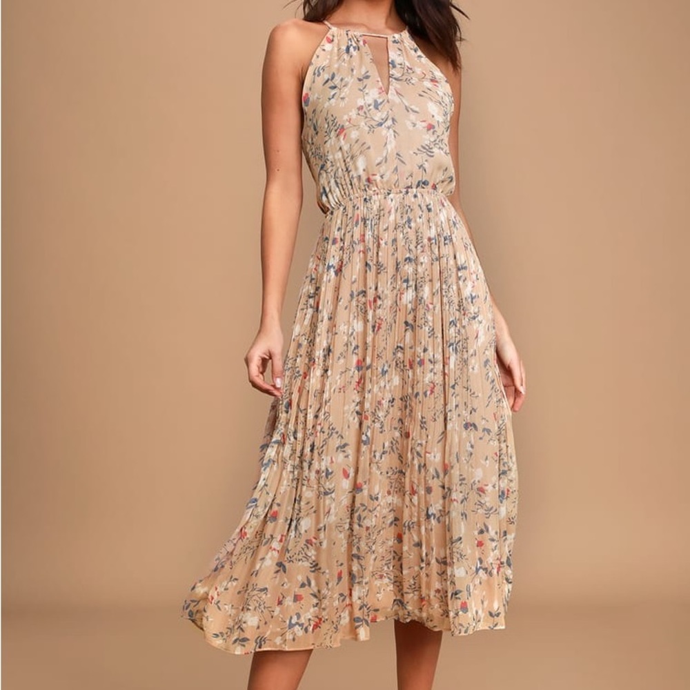 Lulus Beat of the Music Beige Floral Print Pleated Midi Dress
